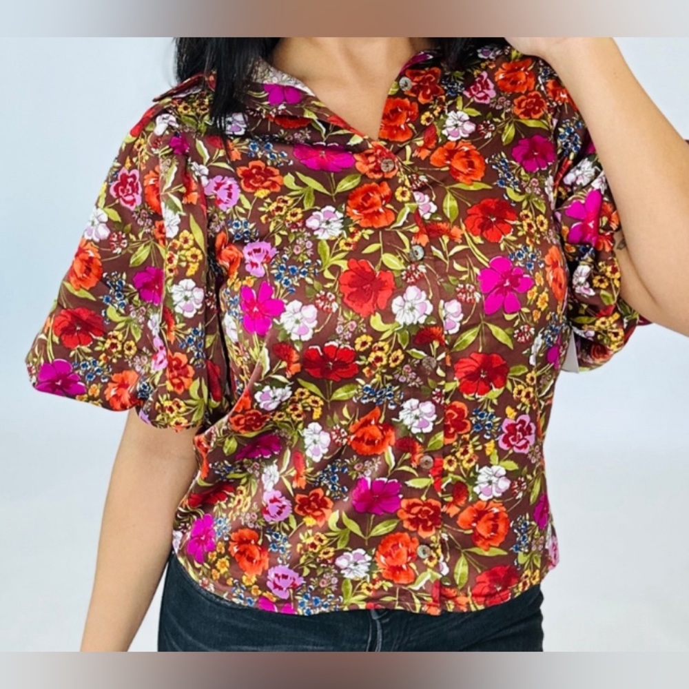 NWT - Gee Gee - Brown Multi Floral Blouse - Womens Large